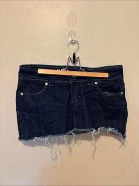Dark Blue Denim Mini Skirt with Raw Hem